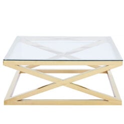 Art Deco Modern X Gold Metal And Clear Glass Large Square Coffee Table