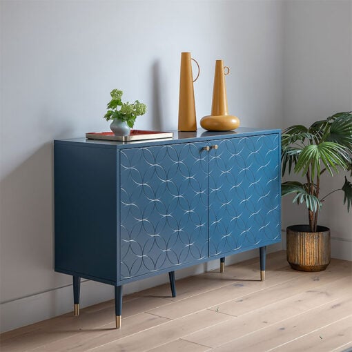 Azure 2 Door Blue Wood And Brass Gold Metal Art Deco Boho Sideboard