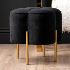 Black Velvet Clover Ottoman Footstool with Gold Metal Legs