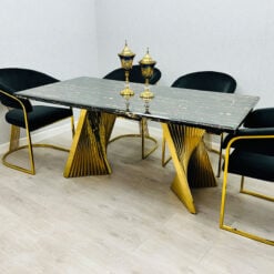 6 Seater Art Deco Black Marble And Gold Metal Dining Table 180cm