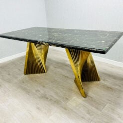 6 Seater Art Deco Black Marble And Gold Metal Dining Table 180cm