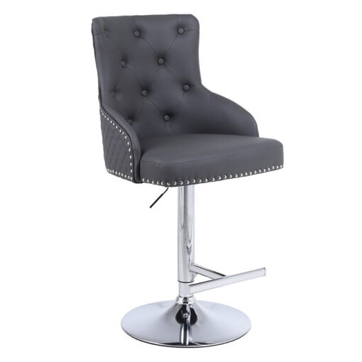 Camilla Grey PU Faux Leather And Chrome Bar Stool With Lion Knocker
