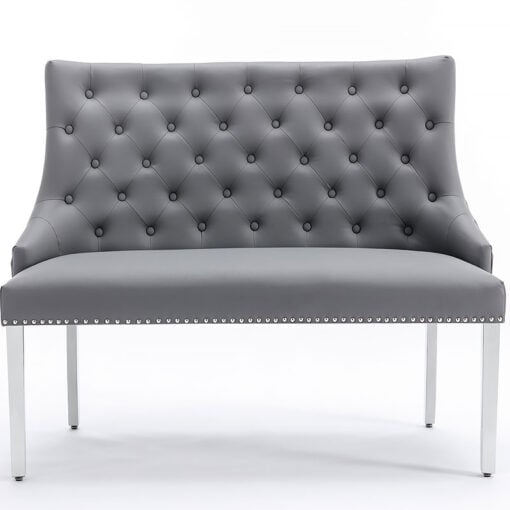 Camilla Grey PU Leather And Chrome Dining Bench With Lion Ring Knocker