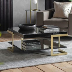 Caspar 2 Tier Black Wood And Glass and Gold Metal Art Deco Coffee Table