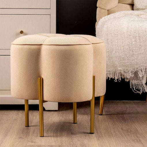 Cream Velvet Clover Ottoman Footstool with Gold Metal Legs