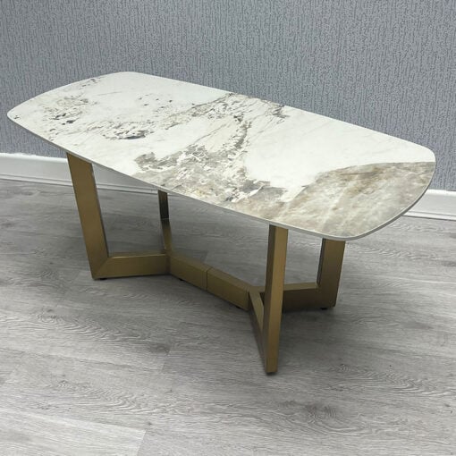 Cream White Marble Effect Ceramic Gold Metal Oval Coffee Table