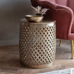 Elena Moroccan Hammered Light Gold Metal Round Boho Side Table End Table