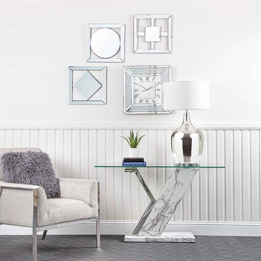 Elsa White Marble Effect Wood And Chrome Console Table With Glass Top