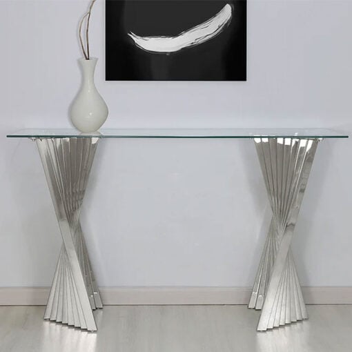 Empire Art Deco Chrome Steel And Clear Glass Slim Console Hallway Table