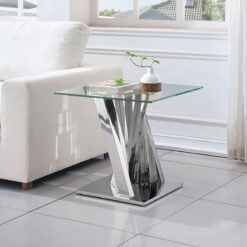 Empire Art Deco Chrome Steel And Clear Glass Square Side Table End Table