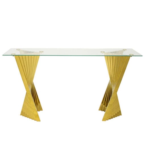 Empire Art Deco Gold Metal And Clear Glass Slim Console Hallway Table
