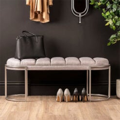 Grey Linen Tufted Bench Stool Ottoman with Chrome Metal Legs