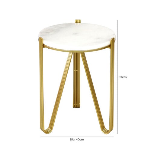 Hera Art Deco White Marble Side Table With Gold Metal Legs