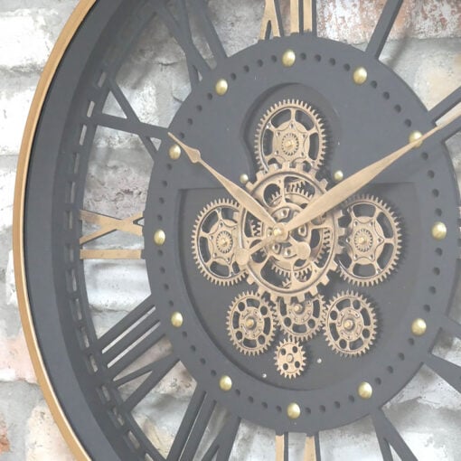 Large Antique Gold And Black Industrial Moving Gears Wall Clock 60cm