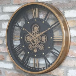 Large Antique Gold And Black Industrial Moving Gears Wall Clock 60cm