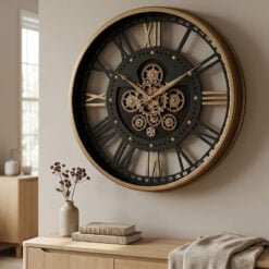 Large Antique Gold And Black Industrial Moving Gears Wall Clock 60cm