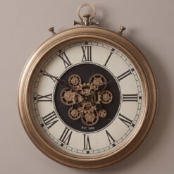Large Antique Gold And White Industrial Moving Gears Wall Clock 65cm