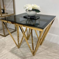 Art Deco Gold Metal And Smoked Glass Square Side Table End Table4