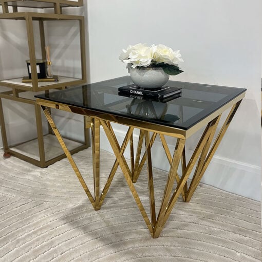 Art Deco Gold Metal And Smoked Glass Square Side Table End Table