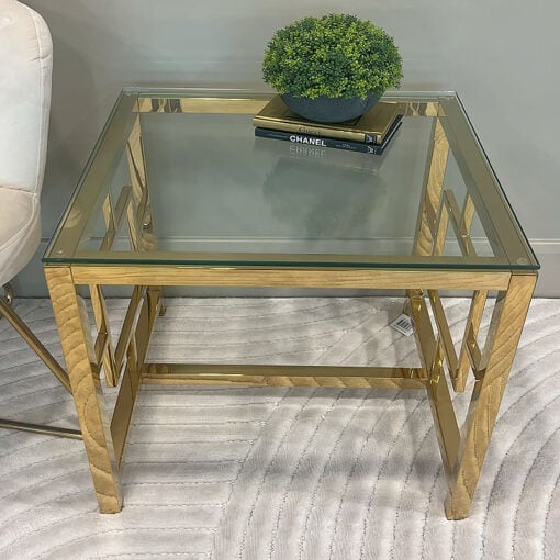 Modern Art Deco Gold Metal And Clear Glass Side Table