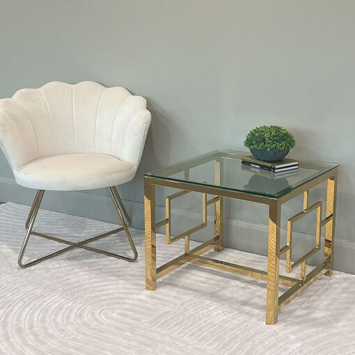 Modern Art Deco Gold Metal And Clear Glass Side Table