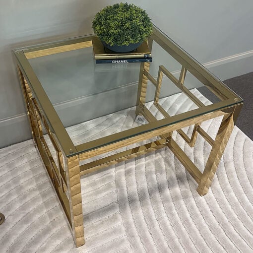 Modern Art Deco Gold Metal And Clear Glass Side Table