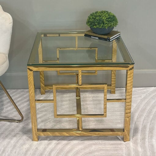 Modern Art Deco Gold Metal And Clear Glass Side Table