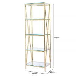 Modern Gold Metal and Clear Glass X Panel 4 Tier Shelving Display Unit