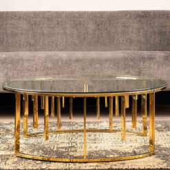 Onyx Art Deco Modern Gold Metal And Clear Glass Round Coffee Table