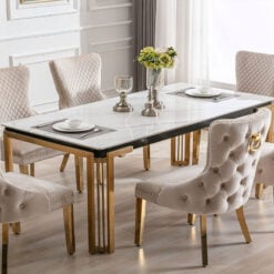 6 Seater Cream White Marble Effect Ceramic And Gold Metal Dining Table
