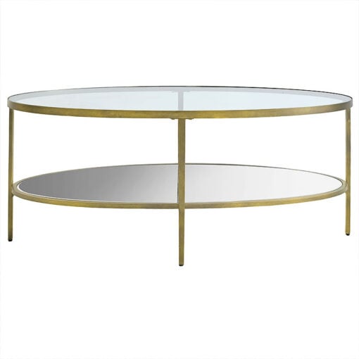 Reina 2 Tier Oval Gold Metal And Glass And Mirrored Glass Coffee Table