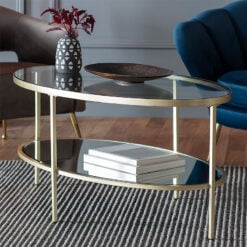 Reina 2 Tier Oval Gold Metal And Glass And Mirrored Glass Coffee Table