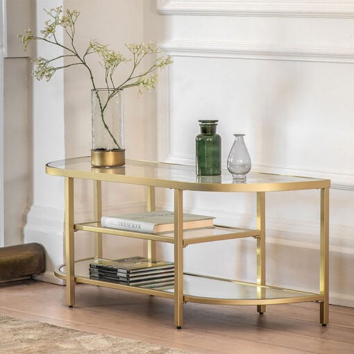 Reina 3 Tier Gold Metal And Glass Freestanding TV Stand With Shelves