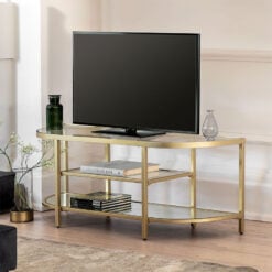 Reina 3 Tier Gold Metal And Glass Freestanding TV Stand With Shelves