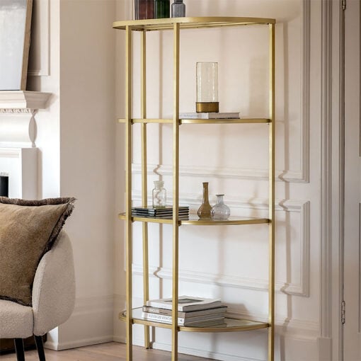Reina 4 Tier Large Gold Metal And Glass Shelving Unit Bookcase