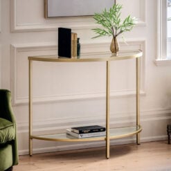 Reina Half Moon Slim Narrow Gold Metal And Glass Console Table