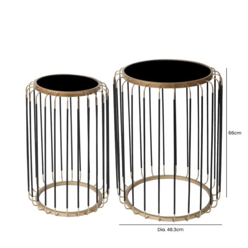 Set Of 2 Nesting Black And Gold Metal Side Tables With Black Mirror Tops
