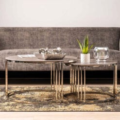 Set Of 2 Nesting Chrome Metal Coffee Tables With Grey Marble Effect Glass Tops