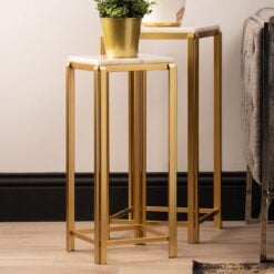 Set Of 2 Nesting White Marble And Gold Metal Side Tables