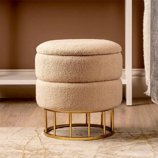 Teddy Beige Boucle Round Storage Stool Ottoman With Gold Legs
