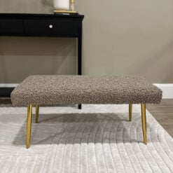 Teddy Beige Mocha Boucle Bench Dressing Seat Ottoman With Gold Legs