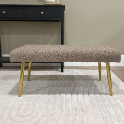 Teddy Beige Mocha Boucle Bench Dressing Seat Ottoman With Gold Legs