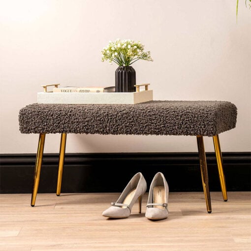 Teddy Dark Grey Boucle Bench Dressing Ottoman With Gold Legs