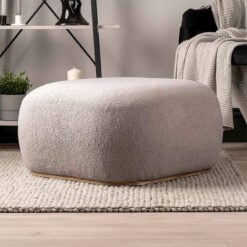Teddy Grey Boucle Ottoman Stool With Natural Wooden Base