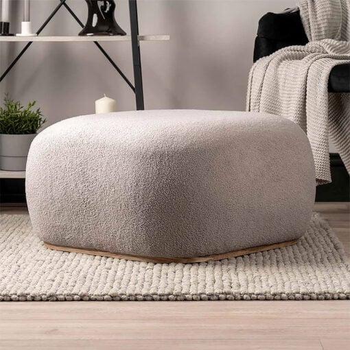 Teddy Grey Boucle Ottoman Stool With Natural Wooden Base