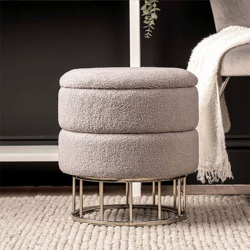 Teddy Grey Boucle Round Storage Stool Ottoman With Chrome Legs