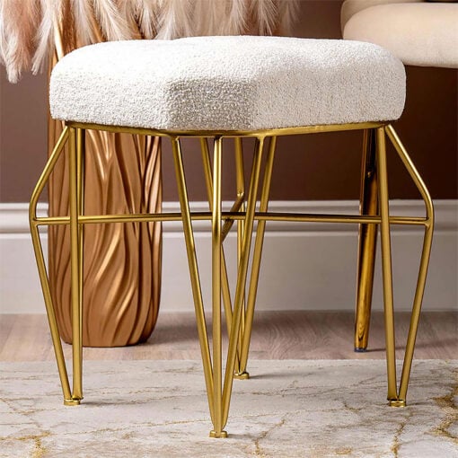 Teddy White Boucle Footstool Vanity Stool With Gold Legs