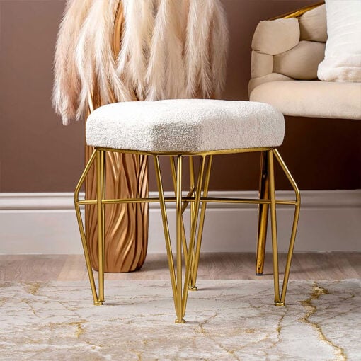 Teddy White Boucle Footstool Vanity Stool With Gold Legs