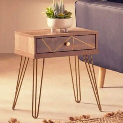 Art Deco Boho Brown Wood And Gold Metal 1 Drawer Side Bedside Table