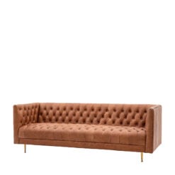Antique Brown Real Leather And Gold Metal 3 Seater Chesterfield Sofa